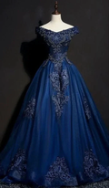 Unique Off The Shoulder Tulle Sequins Appliques Prom Dress Navy Blue A Line Evening Dress Y8377 by simplepromdress