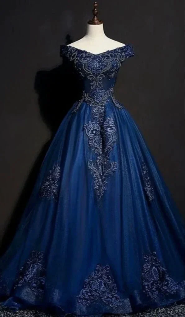 Unique Off The Shoulder Tulle Sequins Appliques Prom Dress Navy Blue A Line Evening Dress Y8377 by simplepromdress