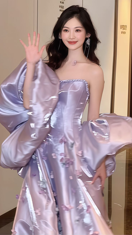 Pretty Lilac Satin Appliques Prom Dress Strapless A-Line Evening Gown Y7903