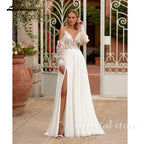 ZapDress Spaghetti Strap Chiffon Wedding Dresses for Bride A Line Boho Beach Bridal Dresses with Puff Sleeves Customized