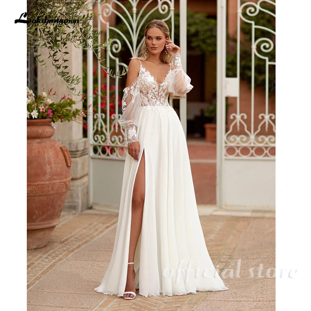 ZapDress Spaghetti Strap Chiffon Wedding Dresses for Bride A Line Boho Beach Bridal Dresses with Puff Sleeves Customized