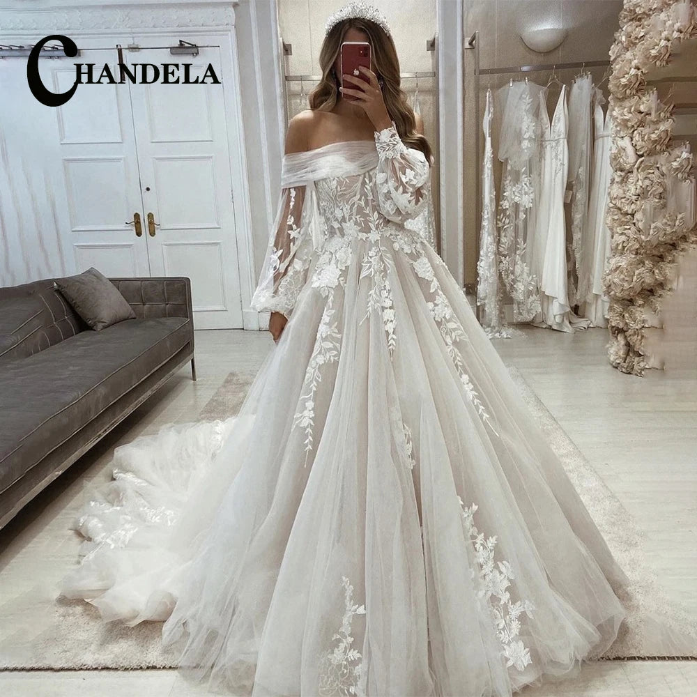 CHANDELA Elegant Off Shoulder Wedding Dress Sweetheart Mermaid Tulle Lace Appliques Sweep Train Vestidos De Novia Customised