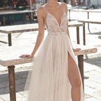 JEHETH Beautiful Applique A-Line Embroidered Yarn Halter Backless Wedding Dress Sexy V-Neck Floor-Length Slit 2024 Bridal Dress