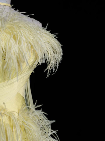 Hermoso vestido de noche amarillo sin tirantes con plumas de tul y vestido formal de noche Y8007