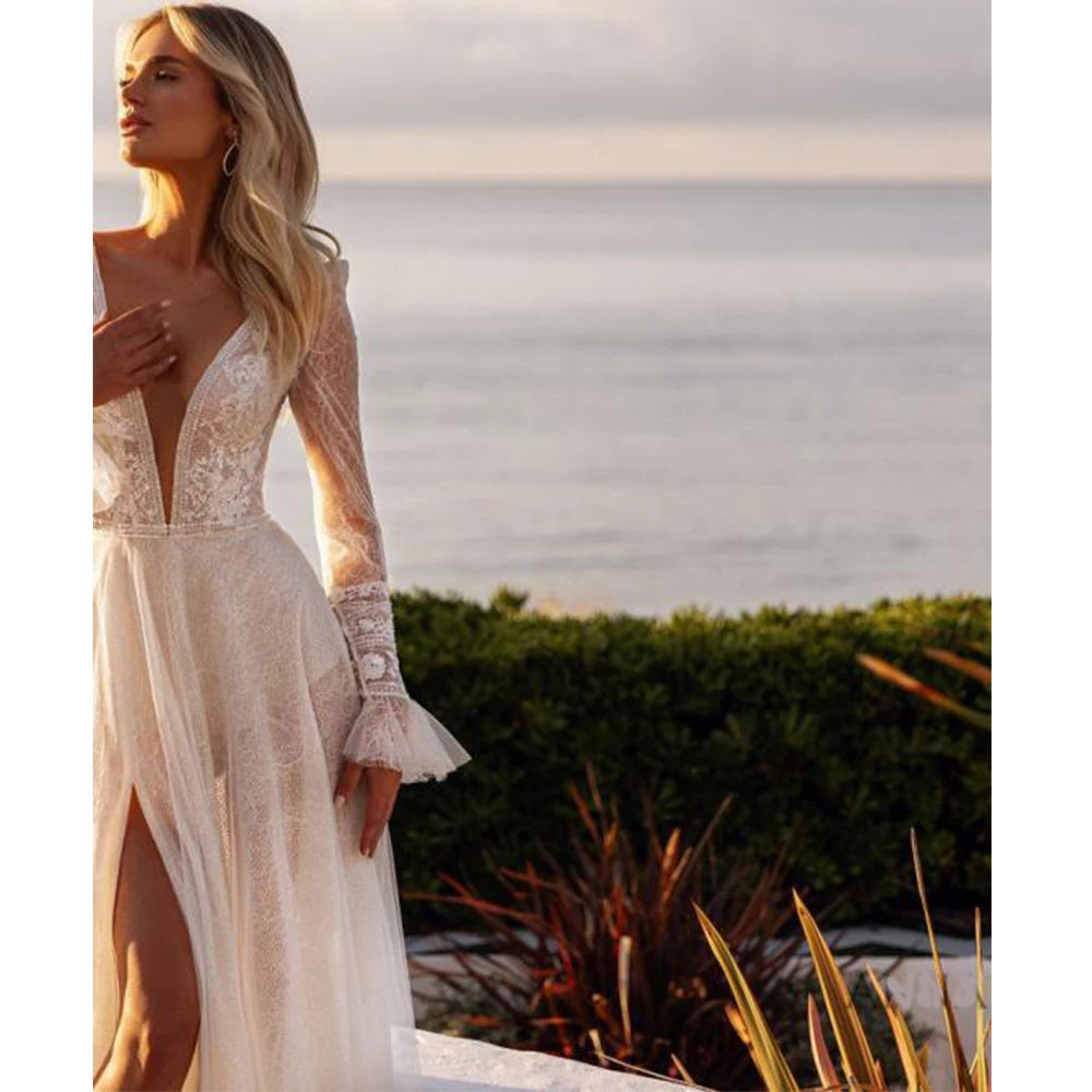 Romantic A-line Wedding Dress 2027 For Women Long Sleeves Bride Split Lace Appliques Bridal Gowns Vestido De Noiva