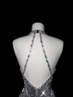 Sparkly Silver Deep V Halter Sequins Beaded Backless Evening Dress Mermaid Prom Dress Y8687 by simplepromdress