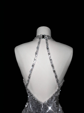 Sparkly Silver Deep V Halter Sequins Beaded Backless Evening Dress Mermaid Prom Dress Y8687