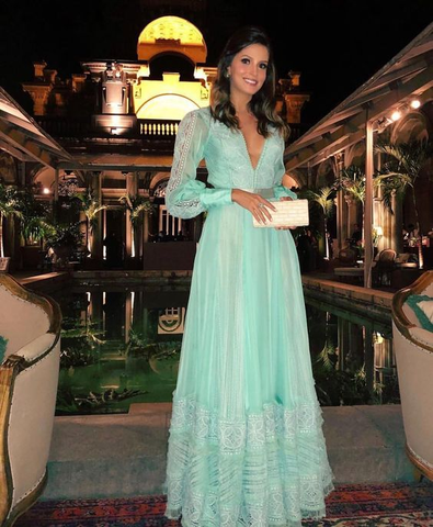 A-line V Neck Long Sleeves Evening Dress Fashion Evening Gown Y6306