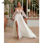 ZapDress Spaghetti Strap Chiffon Wedding Dresses for Bride A Line Boho Beach Bridal Dresses with Puff Sleeves Customized
