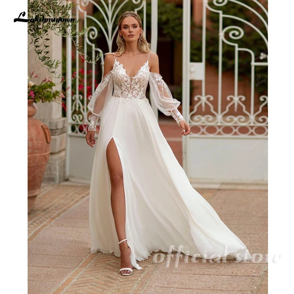 Lakshmigown Custom Spaghetti Strap Chiffon Boho Beach Wedding Dress