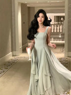 New French White Strap Skirt Elegant Square Neck Evening Dresses Fashion Party Dress Y4486 by simplepromdress