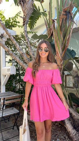 Hot Pink A-line Homecoming Dress with Puff Sleeves Summer Dress Y2758