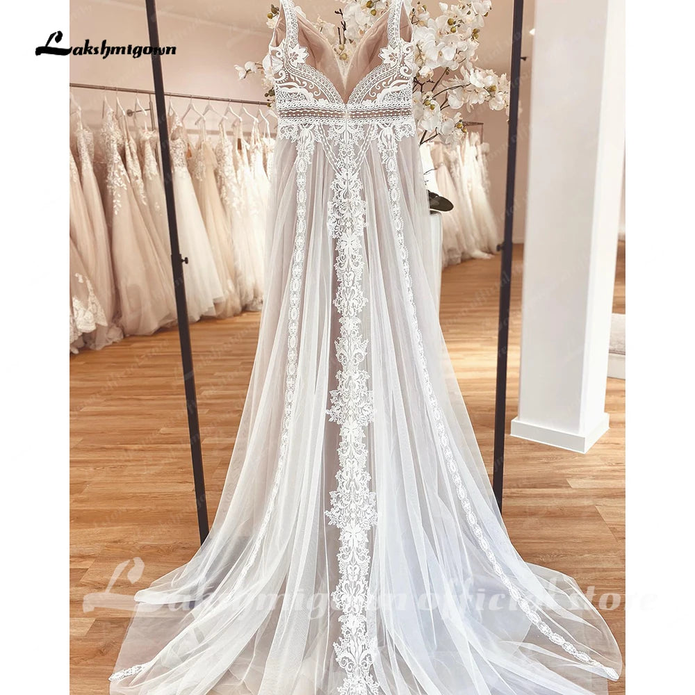 ZapDress Plunging V Bohemian Wedding Dress Customized Vestido Noiva Summer A Line Boho Wedding Gown V Neck Lace Open Back