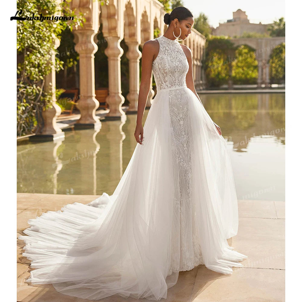 Exquisite Lace Mermaid Wedding Dress 2026 Tulle Detachable Train Bridal Gowns Halter Backless Wedding Gown Customized