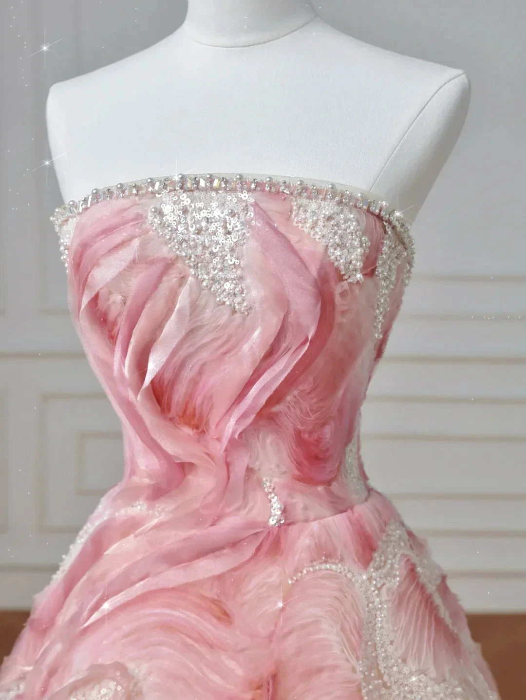 Dream Pink Strapless Satin Print Sequins Prom Dress Princess Birthday Ball Gown Y8604 by simplepromdress