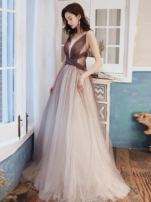 V Neck Brown Ombre Long Prom Dresses, Brown Ombre Floor Length Formal Evening Dresses Y1820 by simplepromdress