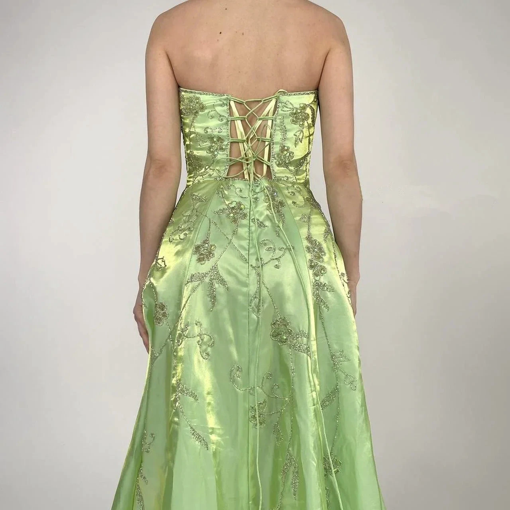 Strapless Green Satin Beaded A Line Prom Dress Evening Dress Y8412 by simplepromdress
