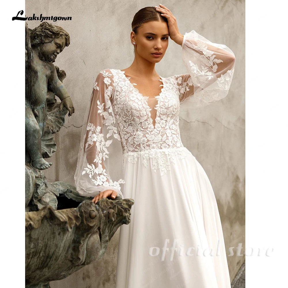 ZapDress Puffy Long Sleeves Wedding Dresses 2026 Chiffon Beach Boho A-Line V-Neck Wedding Gown With Appliques LaceCustomized