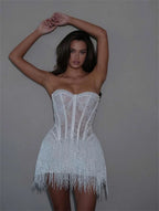 Kyoto Customized White Lace Tassel Mini Wedding Dress Strapless Sheath vestidos de noiva Lace-up Back After Party Dresses 2025
