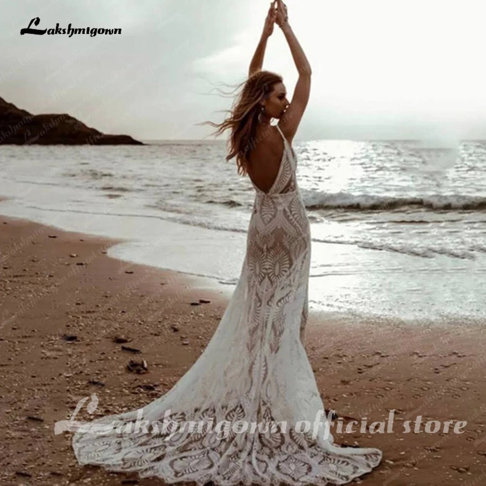 ZapDress Plunging V Bohemian Mermaid Wedding Dress Lace Champagne Bridal Gown Vintage Backless Spaghetti Straps Customized
