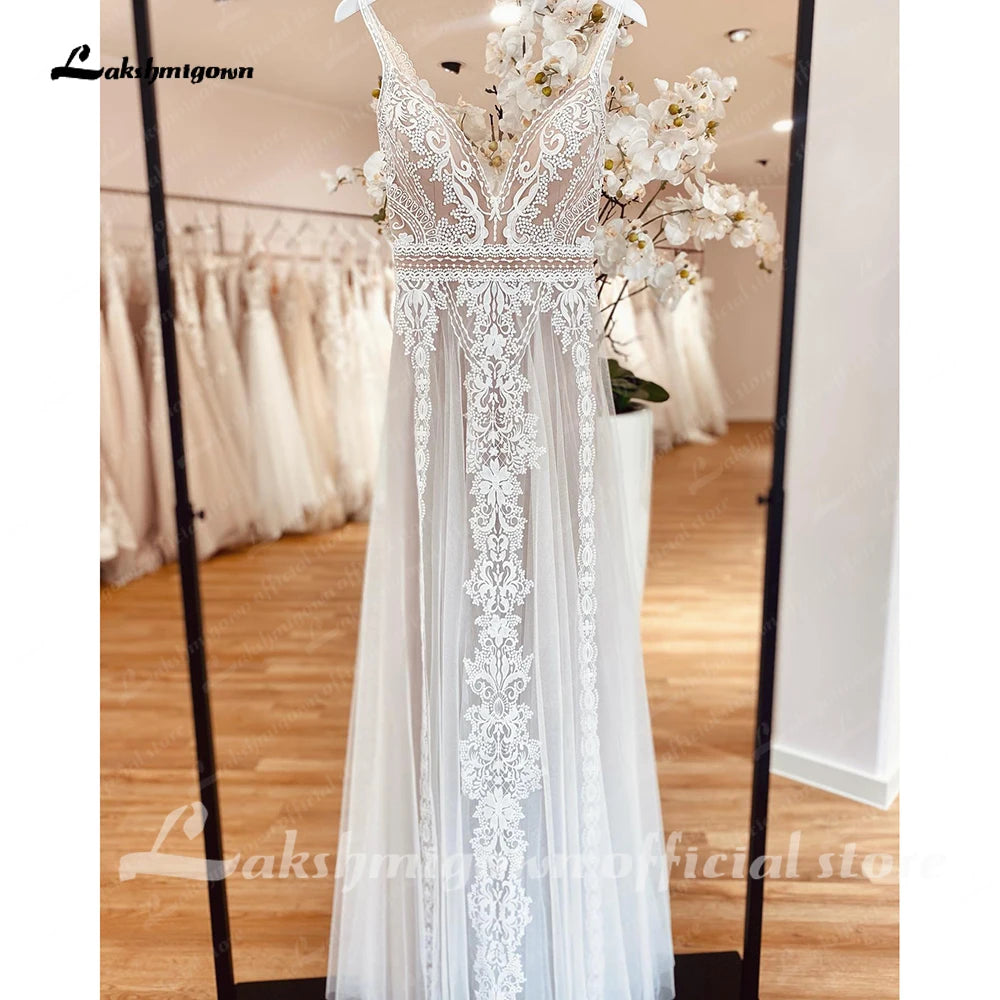 ZapDress Plunging V Bohemian Wedding Dress Customized Vestido Noiva Summer A Line Boho Wedding Gown V Neck Lace Open Back