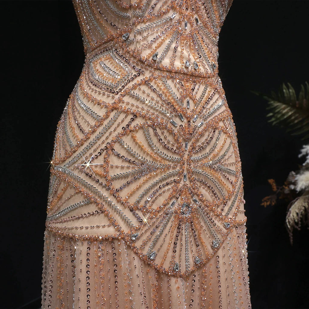 Champagne Beaded Mermaid Evening Dress Luxury Saudi Wedding Gown Customized by ZAPDRESS