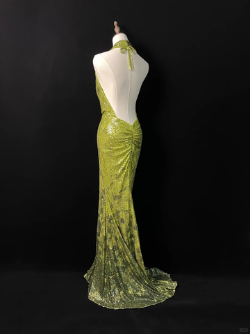 Gorgeous Green Halter Sequins Backless Prom Dress Long Mermaid Evening Dress Y8647
