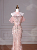 Classy Pink Halter Sequin Beaded Tulle Mermaid Evening Dress Long Prom Dress Y8620 by simplepromdress