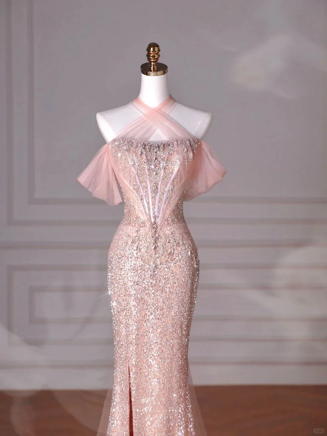Classy Pink Halter Sequin Beaded Tulle Mermaid Evening Dress Long Prom Dress Y8620 by simplepromdress