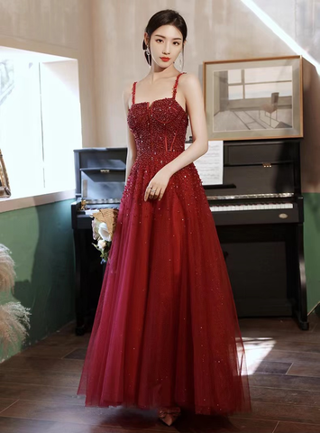 New elegant red classy sleeveless spaghetti strap party dress heavy bead evening dress Y816