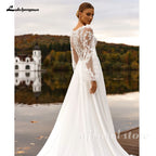 ZapDress Puffy Long Sleeves Wedding Dresses 2026 Chiffon Beach Boho A-Line V-Neck Wedding Gown With Appliques LaceCustomized