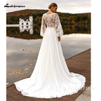 ZapDress Puffy Long Sleeves Wedding Dresses 2026 Chiffon Beach Boho A-Line V-Neck Wedding Gown With Appliques LaceCustomized