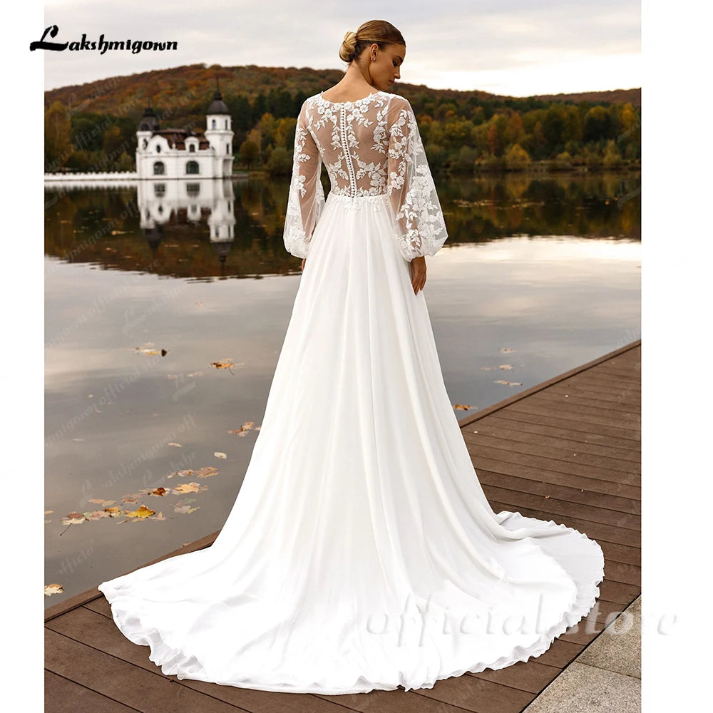 ZapDress Puffy Long Sleeves Wedding Dresses 2026 Chiffon Beach Boho A-Line V-Neck Wedding Gown With Appliques LaceCustomized