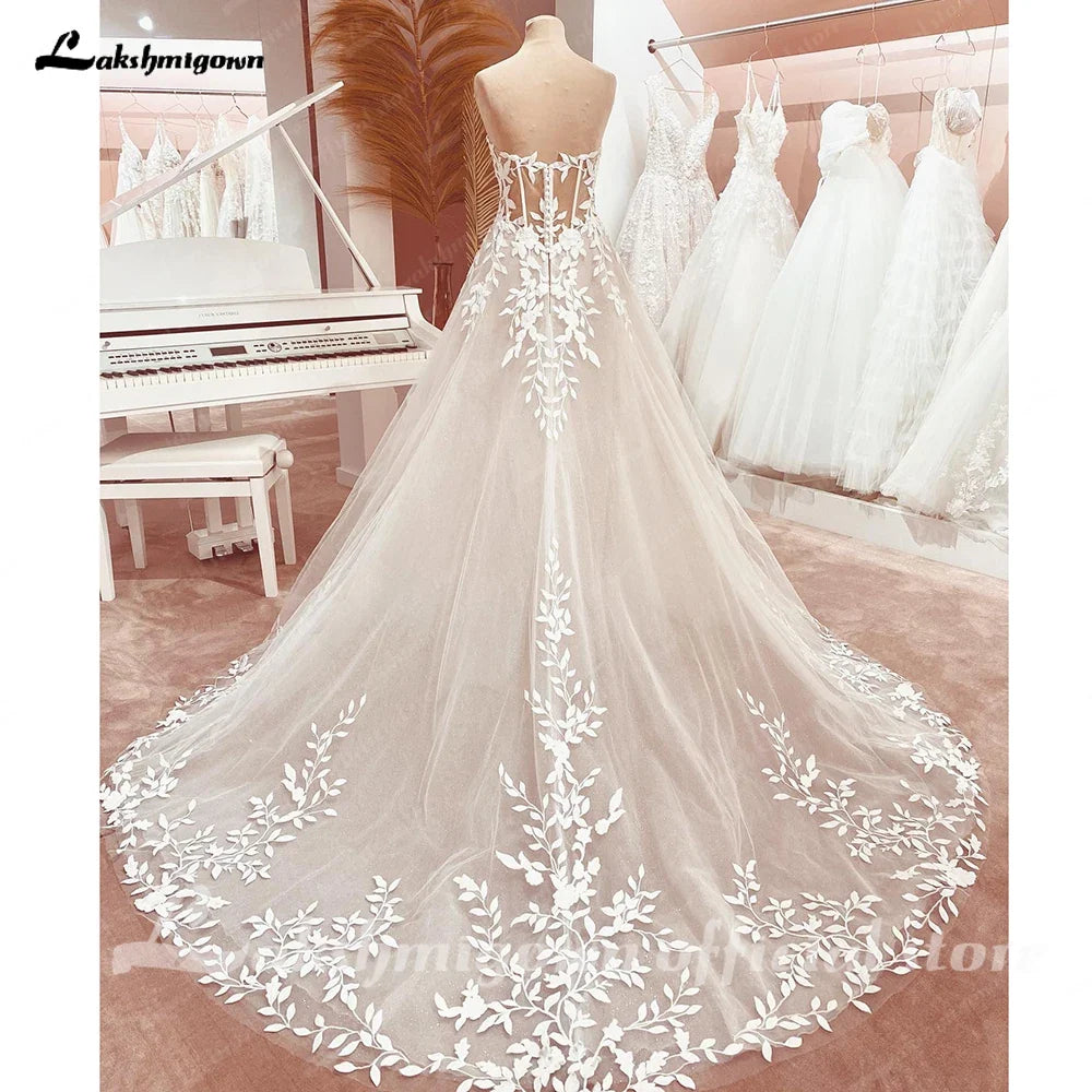 Custom Sweetheart A Line Wedding Dress With Glitter Lace Applique