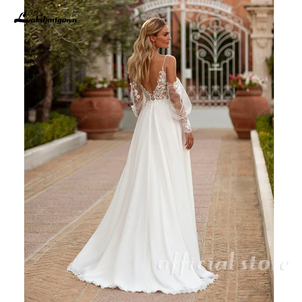 ZapDress Spaghetti Strap Chiffon Wedding Dresses for Bride A Line Boho Beach Bridal Dresses with Puff Sleeves Customized