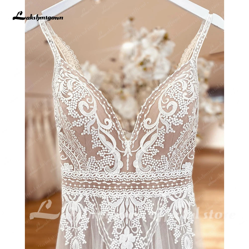 ZapDress Plunging V Bohemian Wedding Dress Customized Vestido Noiva Summer A Line Boho Wedding Gown V Neck Lace Open Back