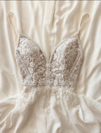 ZapDress Chiffon A Line Beach Wedding Dress Lace Illusion Spaghetti Straps Wedding Gown Open Back Bridal Gown Customized