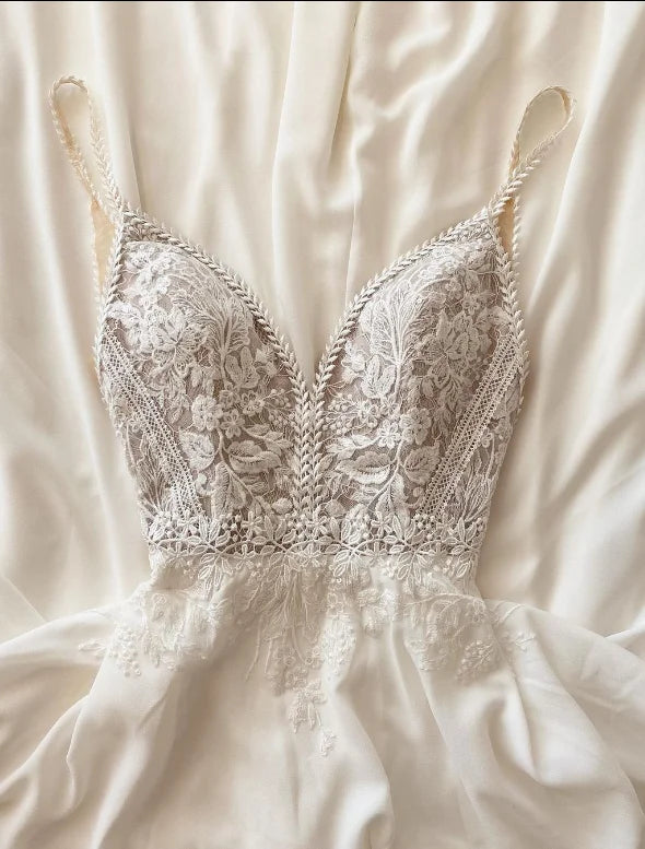 ZapDress Chiffon A Line Beach Wedding Dress Lace Illusion Spaghetti Straps Wedding Gown Open Back Bridal Gown Customized