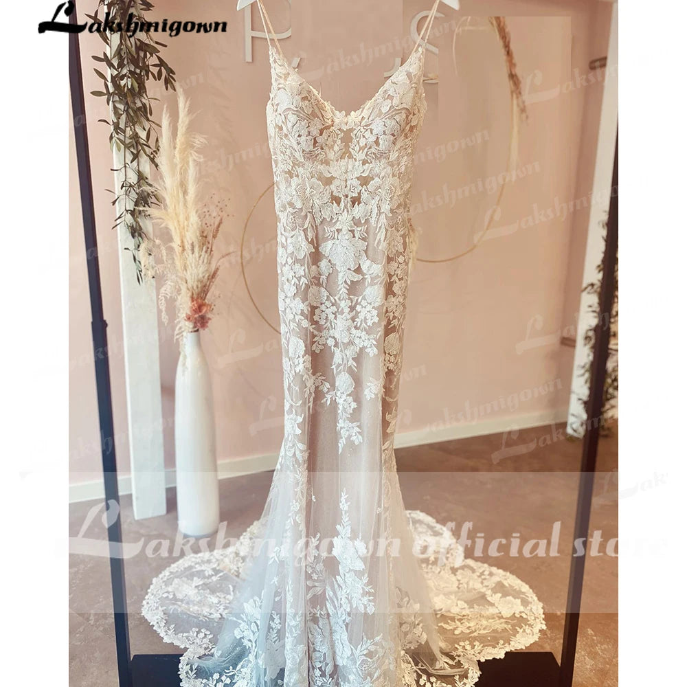 Sexy Spaghetti Straps Mermaid Wedding Dresses Champagne Bride Dress Lace Vestido De Noiva Sereia Wedding Gowns