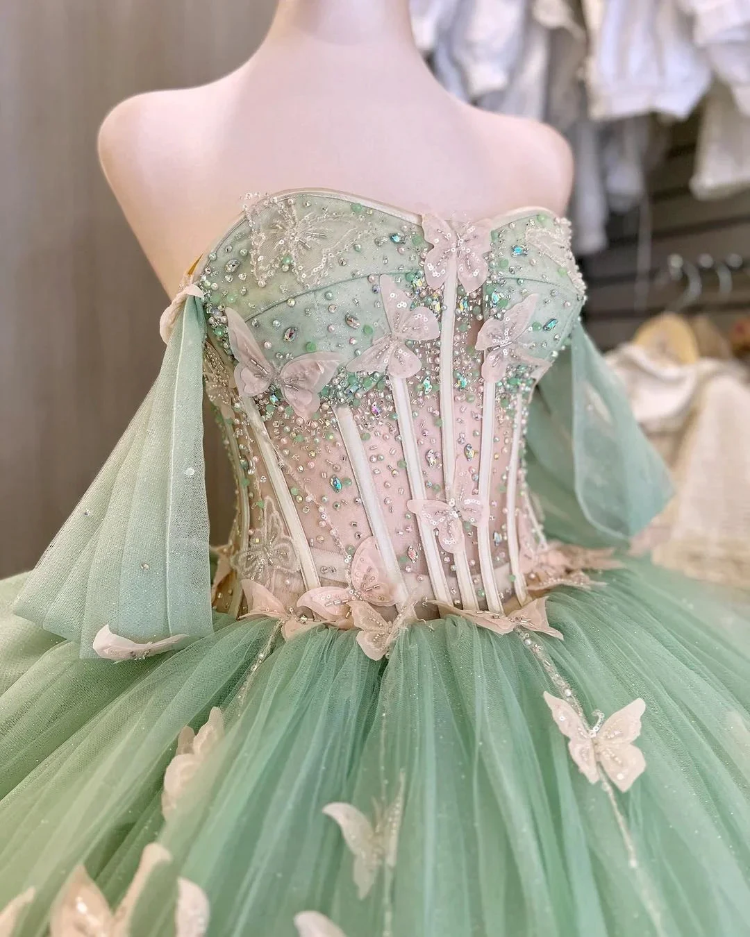 Stunning Green Tulle Princess Dress With Butterflies,Ball Gown,Sweet 15 Dress Y5462 by simplepromdress