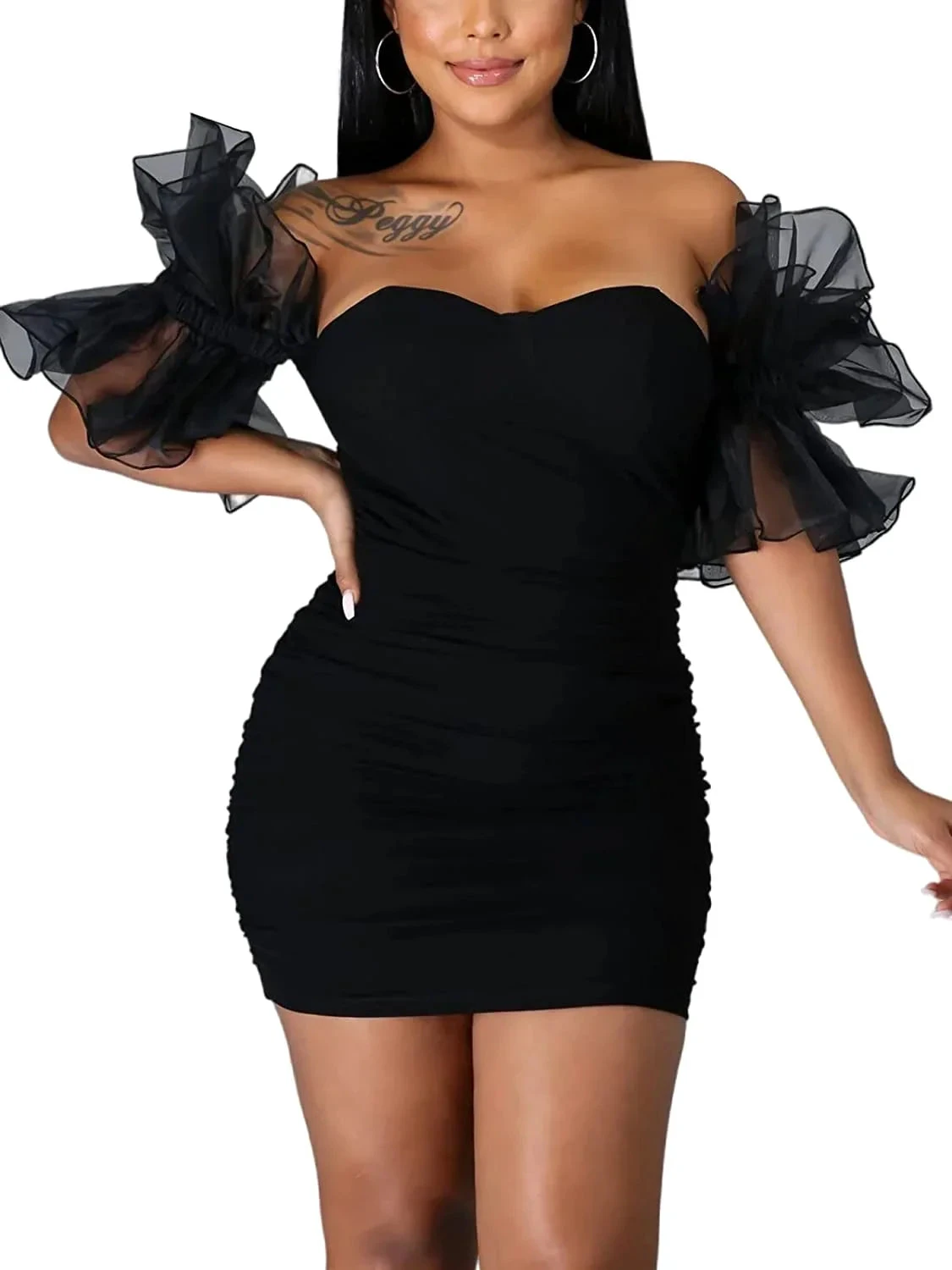 Women Sexy Puff Sleeve Ruffles Dress Mesh Off Shoulder Mini Party Dress Short Black Homecoming Dress Y786 by simplepromdress
