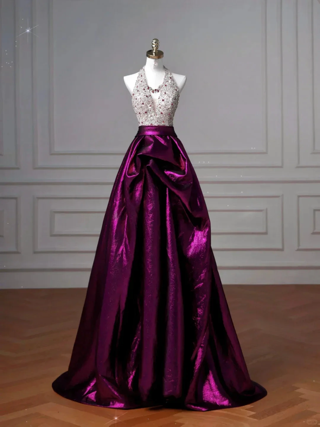 Classy Halter Purple Beaded Satin A Line Prom Dress Long Evening Dress Y8609 by simplepromdress