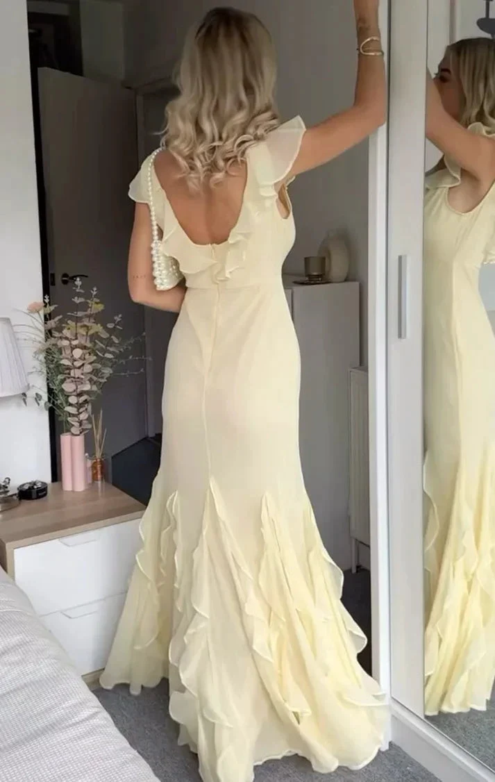 Elegant Yellow Chiffon Mermaid Ruffle Evening Dress Long Evening Gown Y8073 by simplepromdress