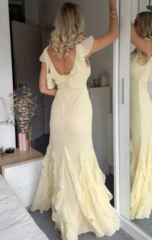 Elegant Yellow Chiffon Mermaid Ruffle Evening Dress Long Evening Gown Y8073