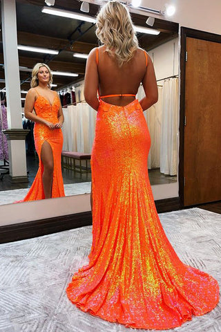 Miracle | Vestido de fiesta de sirena con escote en V y lentejuelas con abertura