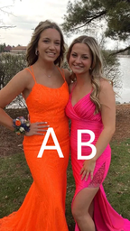 Two women standing outdoors, one in an orange prom dress labeled A, one in a pink gown labeled B, ZAPDRESS style.