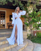 Women's V-neck Puff Long-sleeve Slit Long Evening Dress Y5999 by simplepromdress