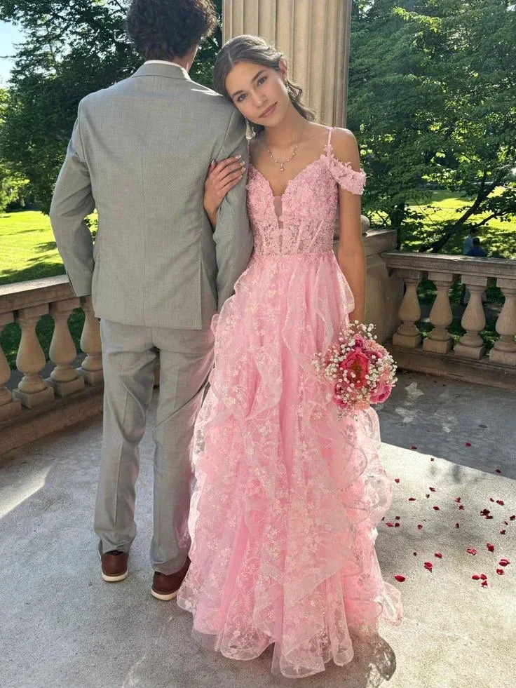 Pink Off Shoulder Fluffy Lace Appliques Floral Long Prom Dress Evening Dress Y7846 by simplepromdress