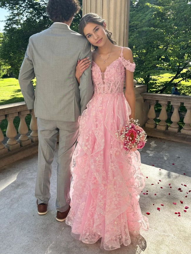 Pink Off Shoulder Fluffy Lace Appliques Floral Long Prom Dress Evening Dress Y7846 Hover Image