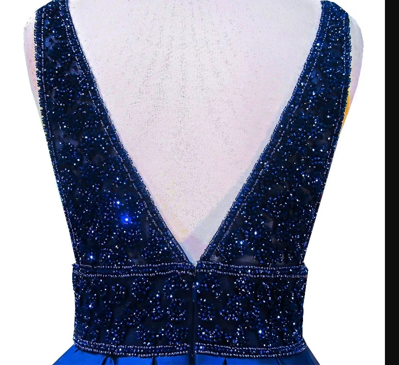 Women's Long Evening Dress Navy Blue V-Neck Sleeveless Open Back Beaded Formal Evening Dress Y1193 by simplepromdress